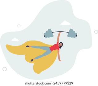 confidence powerful businesswoman superhero lifting heavy weight.flat vector illustration.
