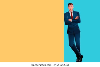 Confidence and professionalism, vector illustration of a young businessman leaning against a wall with arms crossed, offers copy space perfect for business-related designs and promotional materials