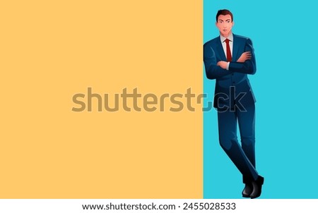 Confidence and professionalism, vector illustration of a young businessman leaning against a wall with arms crossed, offers copy space perfect for business-related designs and promotional materials