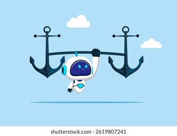 Confidence robot lift up weights carrying anchors.  Investment financial literacy.  Vector illustration.