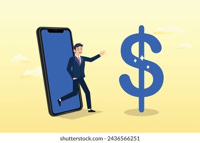 Confidence salesman standing with phone connected to money dollar sign, phone marketing or sales, phone call for selling product or business deal via phone call, insurance agent (Vector)