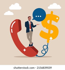 Confidence salesman standing with telephone connected to money dollar sign. Telemarketing or telesales, phone call for selling product or business deal via telephone call, insurance agent concept.