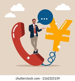 Confidence salesman standing with telephone connected to money yen sign. Telemarketing and telesales, phone call for selling product or business deal via telephone call, insurance agent concept.