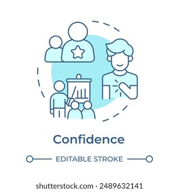 Confidence soft blue concept icon. Mentor quality. Self-assurance. Decision-making. Public speaking. Round shape line illustration. Abstract idea. Graphic design. Easy to use in article