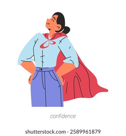 Confidence soft skill of worker, career and business abilities. Vector isolated flat cartoon character achieving results and reaching goals at work. Female personage wearing hero cape suit