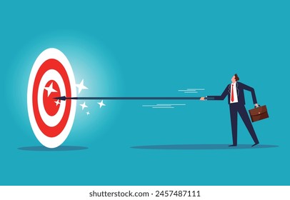 Confidence and superiority, strategic planning and long-term business vision and goals, businessmen hold long spears and hit the bull's-eye with ease