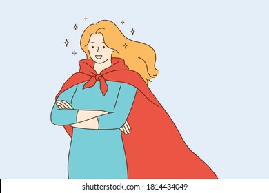 Confidence,success, positivity, strength, goal achievement concept. Young happy smiling confident woman girl cartoon character in superhero suit standing with crossed arms. Women power illustration.