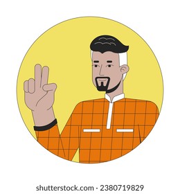 Confident 40s arab man victory sign 2D line vector avatar illustration. Middle eastern businessman two fingers outline cartoon character face. Taking selfie flat color user profile image isolated