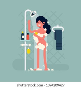 Confident adult female character covered in soap foam having a shower in bathroom vector flat design illustration. Young adult woman taking quick shower in bathroom