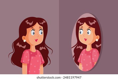 
Confident Adult Woman Checking Herself in the Mirror Vector Illustration. Smiling lady feeling self-confident and boosting of self esteem 
