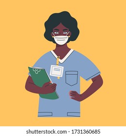 Confident african american female Doctor standing with clipboard. Young Nurse wearing blue clothes and mask. Health Care concept. Hand drawn colored Vector illustration. Isolated on yellow background