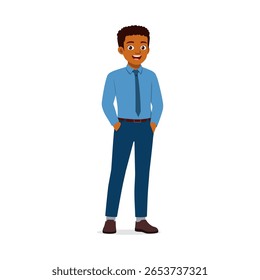 Confident African American Man Standing with Hands in Pockets Smiling, Wearing Formal Clothes Illustration
