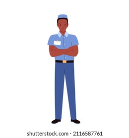 Confident African American Seller Man Standing With Crossed Arms. Shop Sales Representative Manager, Customer Assistance And Consultation Salesperson Flat Vector Illustration