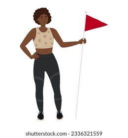 Confident African American woman holding a red flag. Success, leadership and business achievement concept. Isolated on white