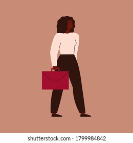 Confident African businesswoman stands with a red briefcase. A strong black female entrepreneur looks ahead confidently. Vector. Concept of equitable participation of women in politics and business.