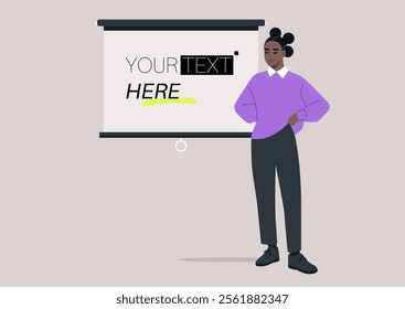 Confident African student girl stands next to a blank presentation board, ready to share her ideas in an interactive learning environment, symbolizing empowerment and creativity among youth