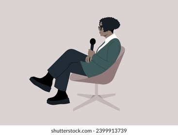 The confident African woman takes charge, holding the microphone with poise as she engages in a public discussion