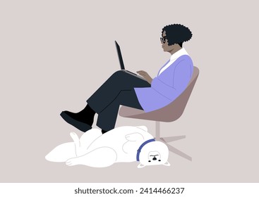 The confident African woman typing diligently on her laptop, comfortably seated in a chair, a funny Samoyed dog lies on its back at her feet