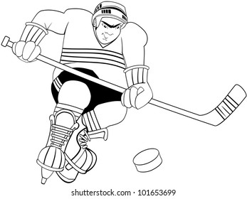 Confident and aggressive ice hockey player with bandage on face, skates and hockey stick chasing a puck with attitude