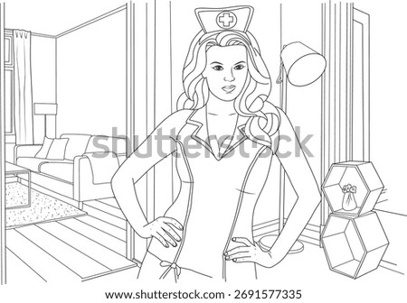 Confident and Alluring Nurse Character Line Art Illustration for Coloring Pages, Featuring a Woman in a Themed Costume with a Playful and Seductive Expression, Perfect for Creative Projects