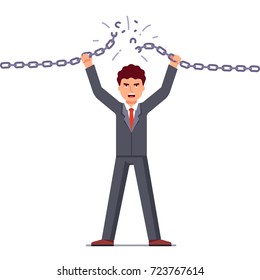 Confident and angry business man breaking chain. Business concept of liberation from credit slavery. Difficulties overcoming metaphor. Flat style vector illustration isolated on white background.