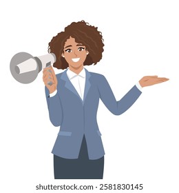 Confident Announcement. Professional woman in a business suit holds a megaphone. Flat vector Character Illustration