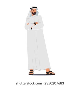 Confident Arab Muslim Businessman Character Stands Tall, Exuding Self-assuredness, Dressed In Traditional Attire, Ready To Conquer Challenges With Determination. Cartoon People Vector Illustration