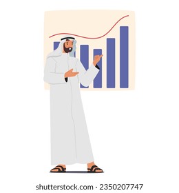 Confiable Personaje Empresarial Árabe Musulmán Que Muestra Gráficos, Ilustrando El Crecimiento Y El Éxito, Transportando Profesionalismo Y Experiencia En Presentación De Negocios. Ilustración de vectores de personas de caricatura