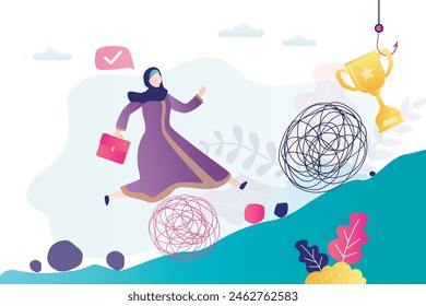 Confident arab woman runs up the hill. Muslim businesswoman overcomes various problems and psychological pressure. Rise to success. Career development. Fight against discrimination and sexism. vector