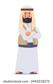 Confident Arabian guy folded his arms over his chest. Muslim male vector character on isolated background