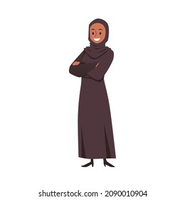 Confident arabian muslim woman standing arms crossed over chest, cartoon flat vector illustration isolated on white background. Modern confident professional woman.