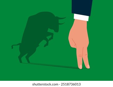 Confident arm standing bull shadow. Trade exchange, green bull. Global economy boom. Flat vector illustration