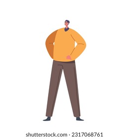 Confident And Assertive, The Man Character Stands With His Hands On His Hips, Creating An Arms Akimbo Posture