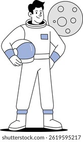 Confident Astronaut Holding Helmet on Lunar Surface – Flat Line Art Vector Illustration