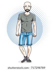 Confident athletic handsome hairless young man standing. Vector illustration of male wearing casual clothes, jeans shorts and T-shirt.