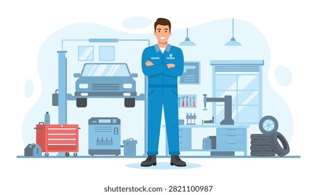 Confident auto mechanic stands in modern garage with car lifted on hoist.