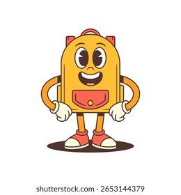 A confident backpack character with a wide smile stands proudly with hands on hips, exuding strength and charm. Ideal for branding, education, or motivational projects. vector illustration