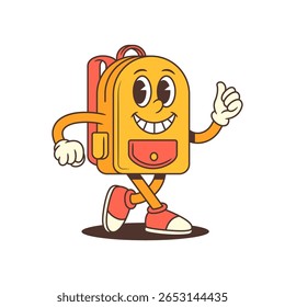 Confident backpack mascot smiling brightly while raising a thumbs-up. Great for approval, success, educational promotion, or uplifting content in fun or motivational projects. Vector illustration.