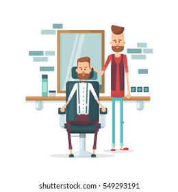 Confident barber expert. A young bearded man and a satisfied customer. Flat Vector illustration.