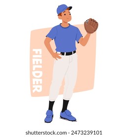 Confident Baseball Fielder In A Blue Uniform, Ready For Action. Character Is Holding A Glove And Exudes A Sense Of Readiness And Enthusiasm For The Game. Cartoon People Vector Illustration