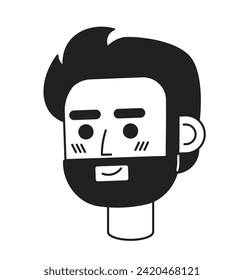 Confident bearded man smiling black and white 2D vector avatar illustration. European proud guy beard outline cartoon character face isolated. Positive mood flat user profile image, portrait