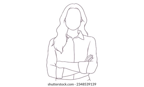 mujer de negocios segura y hermosa con brazos cruzados, ilustración vectorial de estilo dibujado a mano