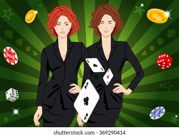 Confident beautiful lucky girls throw aces. Design concept for gambling luck and successful play. Use for print products, page and web decor or other design.