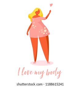 Confident beautiful plus size girl. Body positive card with plants and lettering in trendy flat style. Text i love my body. Trendy flat illustration