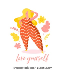 Confident beautiful plus size girl. Body positive card with plants and lettering in trendy flat style. Text love yourself. Trendy flat illustration