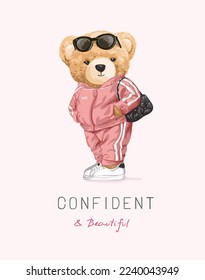 confident and beautiful slogan with cute girly bear doll in pink tracksuit vector illustration