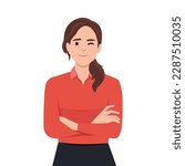 Confident and beautiful young woman in smart casual wear keeping arms crossed and smiling. Portrait of a young smiling woman. Woman folded hands.Flat vector illustration isolated on white background