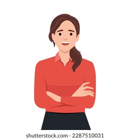 Confident and beautiful young woman in smart casual wear keeping arms crossed and smiling. Portrait of a young smiling woman. Woman folded hands. Flat vector illustration isolated on white background