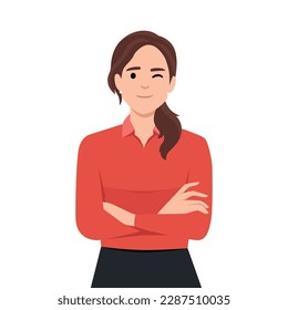 Confident and beautiful young woman in smart casual wear keeping arms crossed and smiling. Portrait of a young smiling woman. Woman folded hands.Flat vector illustration isolated on white background