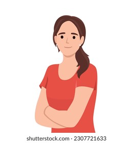 Confident and beautiful young woman in smart casual wear keeping arms crossed and smiling. Portrait of a young smiling woman. Woman folded hands. Flat vector illustration isolated on white background